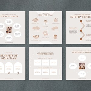 May include: A collection of six beige and brown infographic cards with text and illustrations. Topics include self-care, soul purpose, intuitive eating, gratitude, inner critic, and supporting loved ones with depression and anxiety. The cards have a minimalist design.