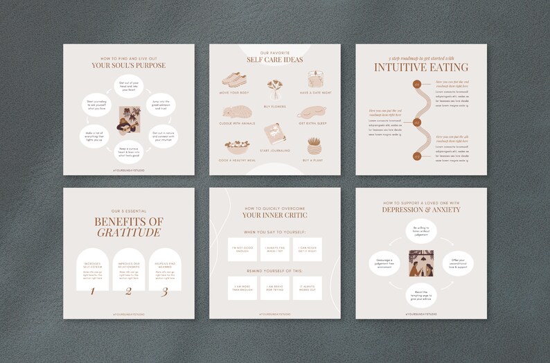 May include: A collection of six beige and brown infographic cards with text and illustrations. Topics include self-care, soul purpose, intuitive eating, gratitude, inner critic, and supporting loved ones with depression and anxiety. The cards have a minimalist design.