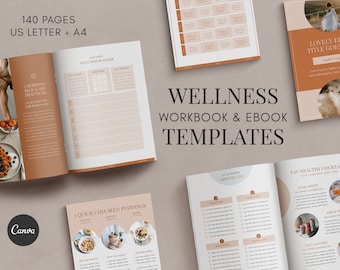140 Page Wellness and Health Coach Workbook & eBook Customizable Canva Template - Meal Planners, Recipe Pages, Habit Trackers, Checklists