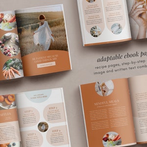 May include: Open ebook pages with a warm color scheme. The pages feature recipe layouts, step-by-step guides, and images. Text includes "3 Ways to Heal Your Gut", "Gluten Free Waffles", and "Mindful Meals". The phrase "Be patient because good things are" is also visible.