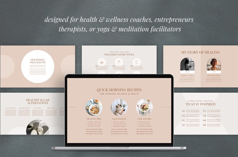 May include: A laptop displays a presentation with a light pink and white color scheme. The presentation includes text and graphics about wellness, recipes, and daily practices. Text at the top reads: "designed for health & wellness coaches, entrepreneurs, therapists, or yoga & meditation facilitators."