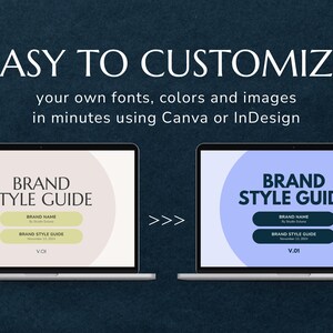 May include: Two computer screens displaying a brand style guide template. The template is customizable with your own fonts, colors, and images. The text on the screen reads "Brand Style Guide" and includes placeholders for your brand name and style guide.