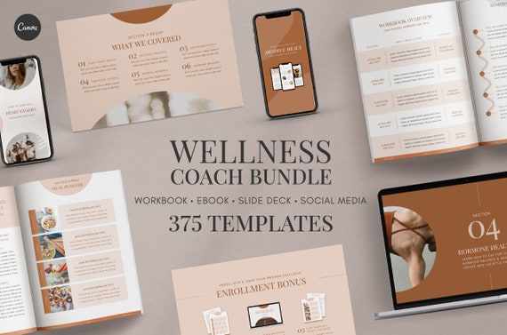 Wellness and Health Coach Resource Canva Bundle - 375 Customizable Workbook, eBook, Slide Deck, Instagram Templates for Online Entrepreneurs