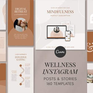 May include: A collection of wellness-themed Instagram post and story templates. The design features a warm color palette with text overlays, including "Digital Retreat," "Mindfulness," and "Intuitive Eating." The Canva logo is also visible.