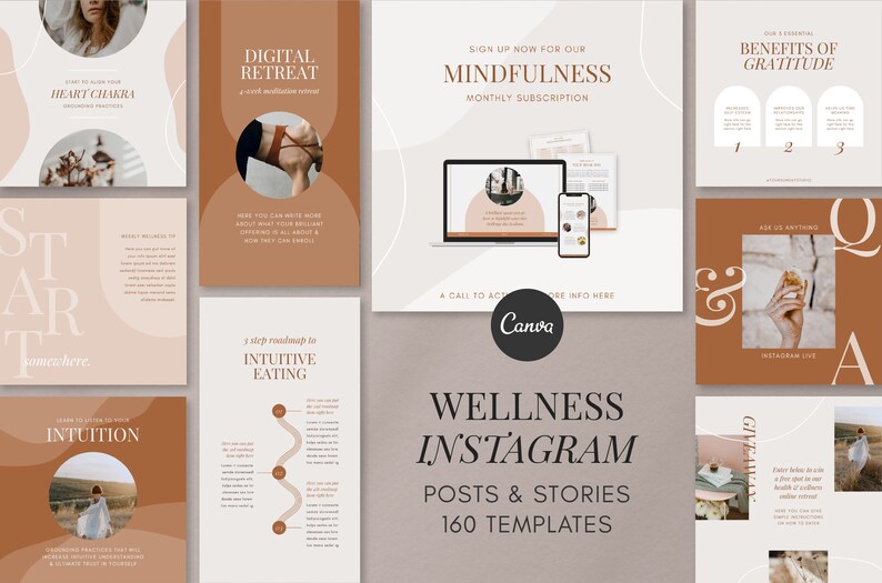 May include: A collection of wellness-themed Instagram post and story templates. The design features a warm color palette with text overlays, including "Digital Retreat," "Mindfulness," and "Intuitive Eating." The Canva logo is also visible.