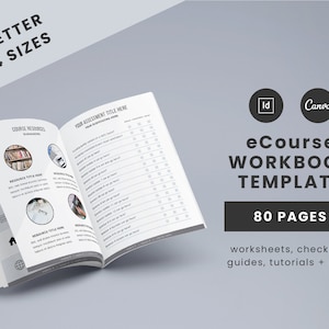 May include: An open workbook template for an eCourse with 80 pages. The template includes worksheets, checklists, guides, and tutorials. The workbook is available in US Letter and A4 sizes. The image shows a close-up of the workbook with the text "YOUR ASSESSMENT TITLE HERE" and "COURSE RESOURCES".