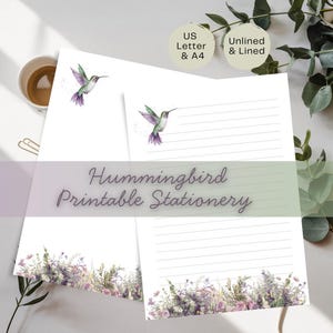 Papelaria para impressão Hummingbird – Papel pautado e sem pauta | Conjunto de papel floral para letras | Carta EUA + A4 | Download instantâneo
