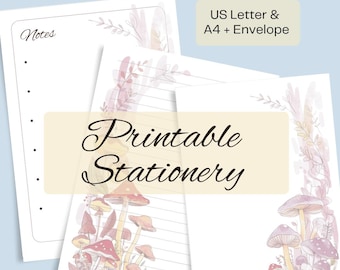 Set di carta da lettere stampabile con tema foresta di funghi: carta da lettere ad acquerello e busta modificabile (download digitale)