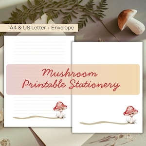 Conjunto de papelaria imprimível com cogumelo | Papel de carta minimalista + envelope combinando | A4, carta EUA e envelope nº 10 | Download digital