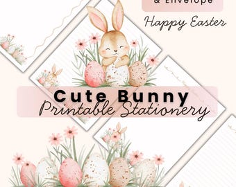 Set di cancelleria stampabile con coniglietto pasquale, carta da lettere a righe e bianca e busta n. 10, carta da scrittura primaverile, formato A4, US Letter, download PDF