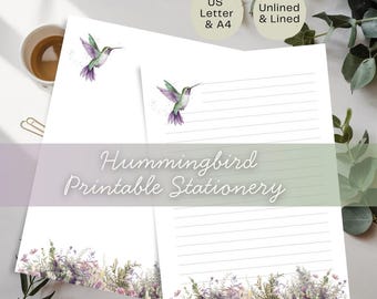 Carta da lettere stampabile Hummingbird – Carta da lettere a righe e non a righe / Set di carta da lettere floreale / Lettera USA + A4 / Download immediato