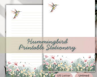 Carta da lettere stampabile Hummingbird – Carta da lettere acquerello / Carta floreale / Carta a righe e non a righe / Lettera USA + A4 / Download immediato