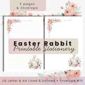 Easter Rabbit Floral Stationery Set, Watercolor Bunny Writing Paper (Digital Download)