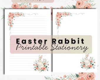 Set de papelería floral con diseño de conejito de Pascua, papel de carta con diseño de conejito en acuarela (descarga digital)