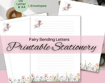 Set di cancelleria stampabile "Fata" - Carta da lettere a righe, bianca e incorniciata + buste n. 10 / A4 e US Letter / Download digitale
