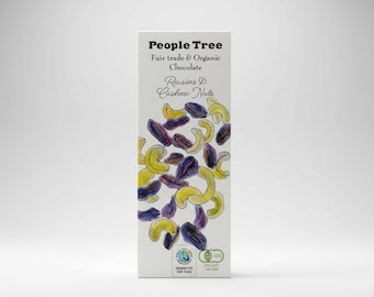 Tableta de chocolate orgánico de comercio justo People Tree con pasas y anacardos, sin gluten, Japón.