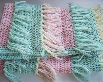 Rainbow Sherbet Fringed Afghan - Crocheted Pastel Pink, Yellow, Blue, Green Bands With 4" Fringe at Each Color Change - Large 50 x 72"