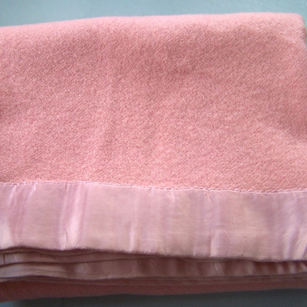Penney's Golden Dawn Vintage Wool Blanket  - 71 x 88" - Soft Pink Wool - Satin Binding - 1950s/1960s Bedding