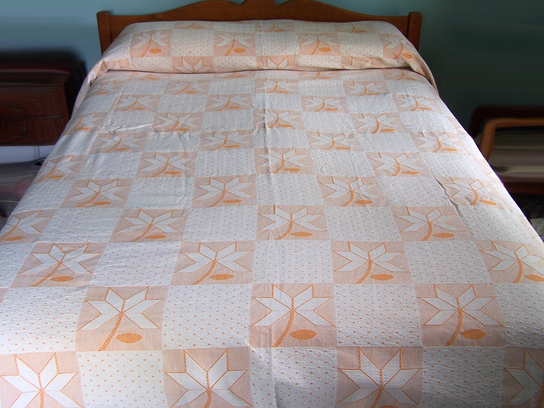 Mid Century Bates Bedspread With Maple Leaves 80 X 99 Orange and White Scalloped Edge Coverlet