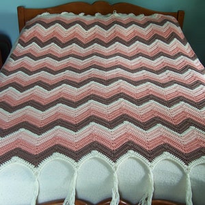 Crocheted Chevron Large Afghan Throw: Earth Tone Tassel Fringe Blanket (52 x 68")