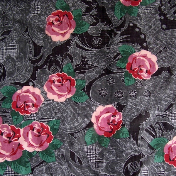 Vintage Vera Black and Gray Wool Scarf With Roses - 1970s/1980s - 29 x 30 " - Signed in Border - Floral Semi Sheer  Signed Designer Scarf