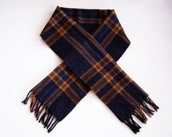 Tartan Plaid Wool Neck Scarf - Navy Blue, Golden … - image 1