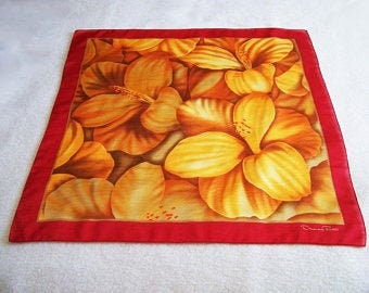 Oscar de la Renta Red and Orange Silk Scarf - Tropical Flowers - 30 x 31 " Square - Signed in Border - Floral Silk Signed Designer Scarf