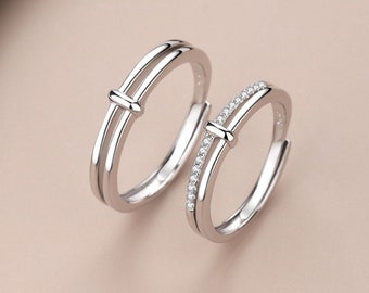 Ensemble de bague de couple en argent réglable, bague de promesse, bague de fiançailles, minimaliste