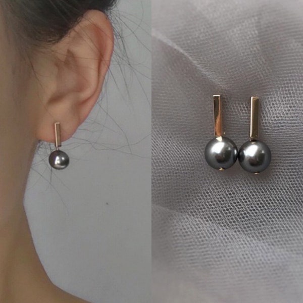 Boucles d'oreilles en argent sterling 925 plaqué or 14 carats et perles noires/blanches