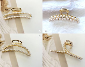 2pcs/3pcs/4pcs Pearl Gold Thick Hair Claw Clip, Double row pearl, Moon shape, Long Hair, Girlfriend's Gift, Minimalist