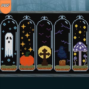 Haunted bladwijzers kruissteekpatroonset – 5 gotische Halloween-ontwerpen – directe pdf-download
