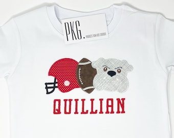 Camiseta de fanático de Bulldog para niño, con casco de fútbol americano, de Georgia Bulldog, con apliques, nombre bordado, personalizada, para fanáticos de la Universidad de Georgia (UGA)