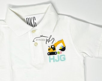 Boy's Polo - Easter Excavator Eggs Shirt - Collared - Short Sleeve - White Top - Personalized Monogram - Construction - Toddler - Youth