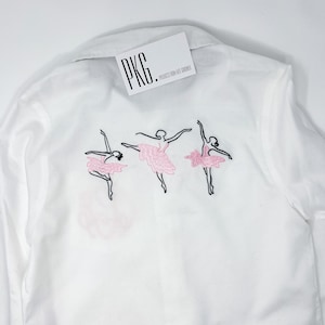 Girl's Ballet Coverup - Front Monogram with Back Ballet Dancer Trio - White Long Sleeve - Button Front - Coverup Makeup Hair Access Shirt