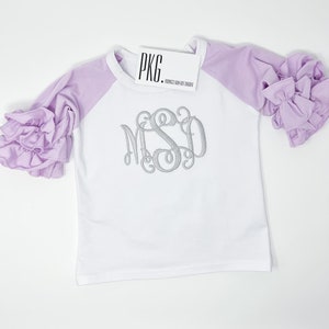 Ruffle Raglan Embroidered Shirt - Spirit Shirt - 3/4 Sleeve - Girls - Toddler - Monogram