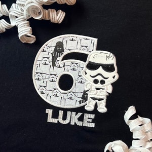 Space Fighter Birthday Shirt - Black White Tee - Embroidered Birthday T-Shirt - Space Wars - Warrior - Character Applique - Age Number