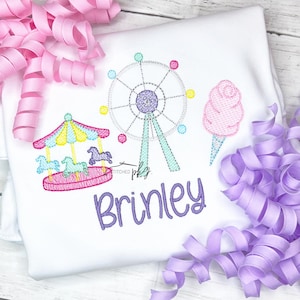 Carnival Trio Embroidered Tee - Birthday Party Theme - Event Outfit - Personalized Name - Carousel - Ferris Wheel - Cotton Candy - Girl's