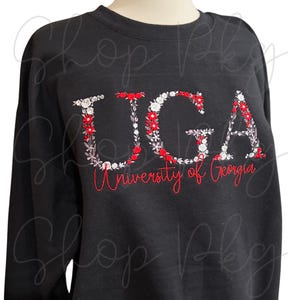 Moletom bordado da Universidade da Geórgia - Letras florais - Script College - Espírito escolar - Temporada de futebol americano - Camiseta personalizada da Universidade
