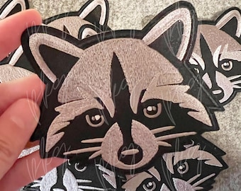 Raccoon Face Patch - Trucker Hat Patch - Iron On Embroidered Patch - Trash Panda - Critter - Gray Silver Black - Decorative Embroidery