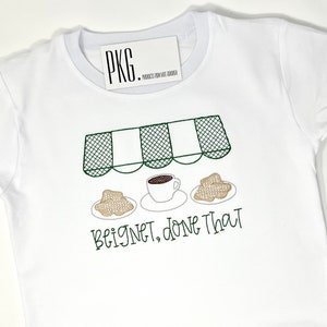 Cafe Du Monde T-Shirt - Embroidered Beignet Done That - Optional Personalization - Green White - Coffee New Orleans Tourist Attraction