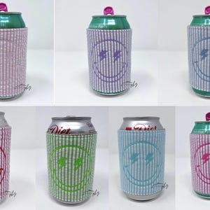 Lightning Bolt Smiley Face Embroidered Can Wrap - Monochromatic Smiley Vibes - Seersucker Koozie - Lightning Eyes - Fun Lake Can Carrier