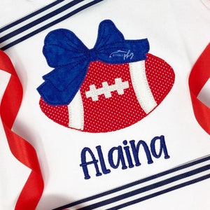 Ole Miss Football Bow Applique Shirt - Girl&#39;s Football Fan Theme Tee - Big Bow - Navy Blue - Red - Personalized Name - Ruffle - Puff - Reg