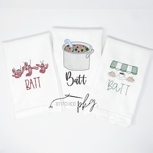 Set of 3 Louisiana Cuisine Personalized Hand Towel - Trio - New Orleans Theme - Gumbo - Cafe Du Monde -  Crawfish