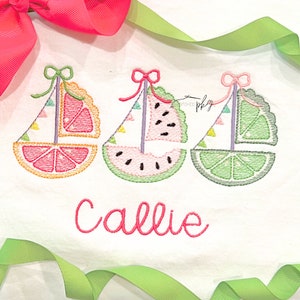 Citrus Fruits Sailboat Trio Embroidered Shirt - Personalized Name - Grapefruit Watermelon Lime Boats - Girls Boat Summer Top - Embroidery