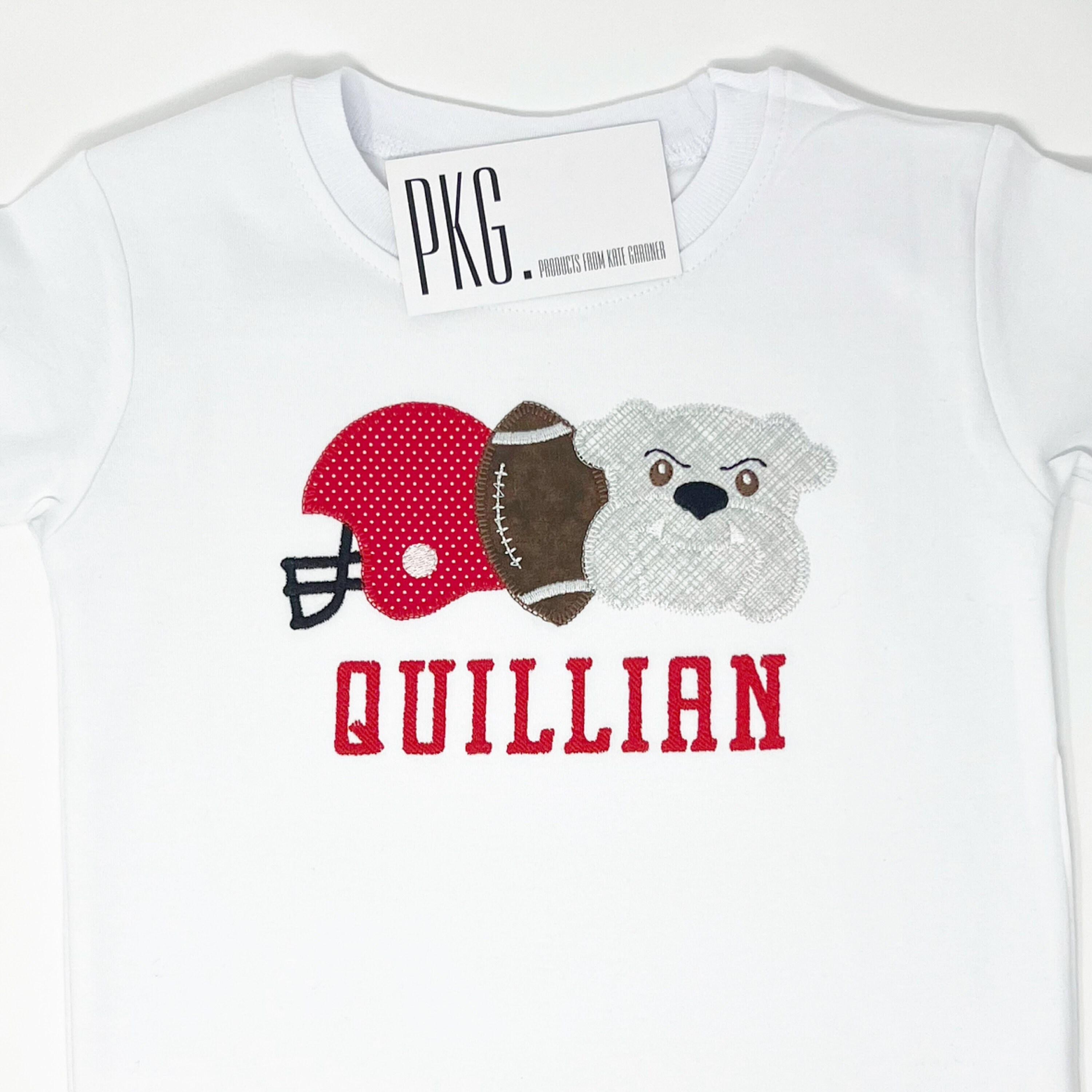 Camiseta de fanático de Bulldog para niño, con casco de fútbol americano, de Georgia Bulldog, con aplique, nombre bordado, personalizada, para fanáticos de la Universidad de Georgia (UGA)
