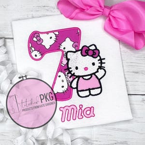 Hello Kat - Pink Kitty Birthday Embroidered Shirt - Girls Party Theme - Bow - Pink - Personalized Embroidered Name