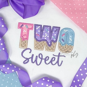 Two Sweet Applique Shirt - Ice Cream Theme Party Outfit - Pink Purple Blue - Sprinkles - 2nd Birthday Party - Girl&#39;s Birthday Shirt