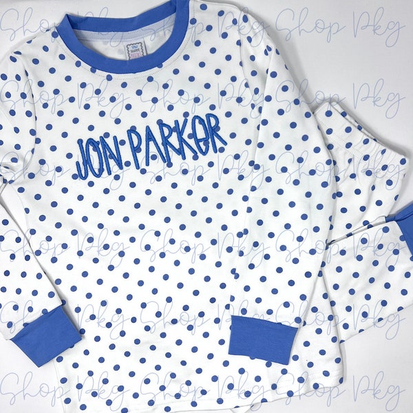 Embroidered Pajama Set - Long Sleeve - Pants - Blue Polka Dot - White With Blue Trim - Personalized Name - Boy - Matching Sibling - Photo PJ