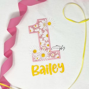 Daisy Number Applique Personalized Birthday Shirt - Girl Pin - Name Keepsake - Groovy Party Theme - Romper
