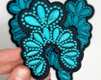 Western Turquoise Concho Iron On Patch - Black Teal - Embroidered Jewelry - Trucker Hat Bar - Denim Jacket Bag Decoration - Squash Blossom